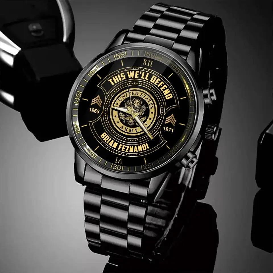 Personalized This We'll Defend US Army Veteran Custom Rank & Name Number Watch