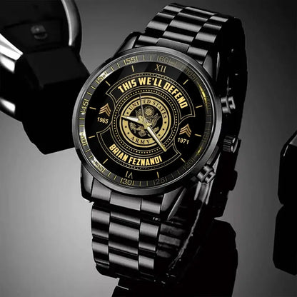 Personalized This We'll Defend US Army Veteran Custom Rank & Name Number Watch