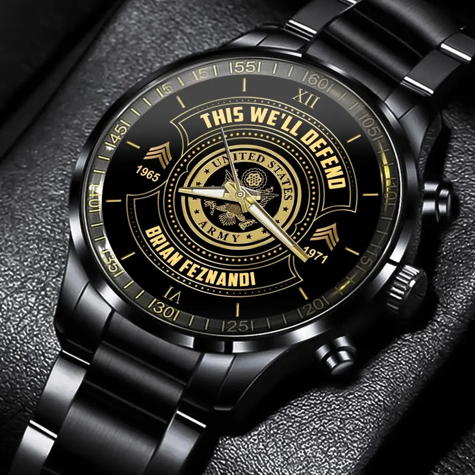 Personalized This We'll Defend US Army Veteran Custom Rank & Name Number Watch
