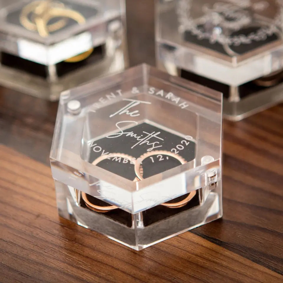 Custom Engraved Clear Hexagon Ring Box - Personalized Acrylic Wedding Ring Bearer Box for Engagement Proposal