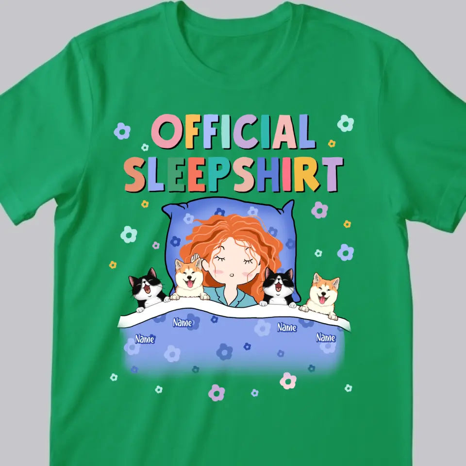 Official Sleep Shirt, Cute Girl With Her Pets, Dog & Cat Mom Gift, Personalized Pet Lover T-shirt