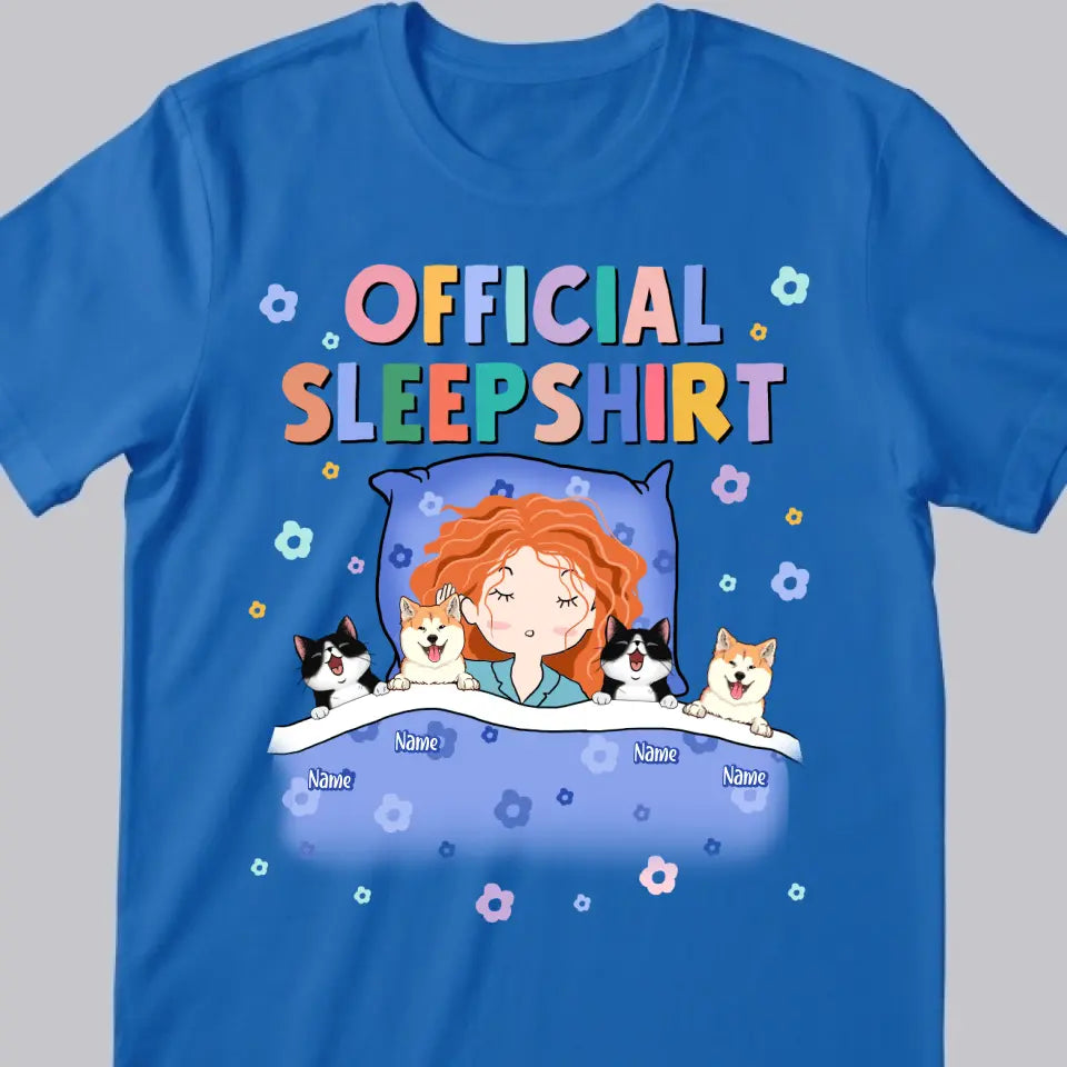 Official Sleep Shirt, Cute Girl With Her Pets, Dog & Cat Mom Gift, Personalized Pet Lover T-shirt