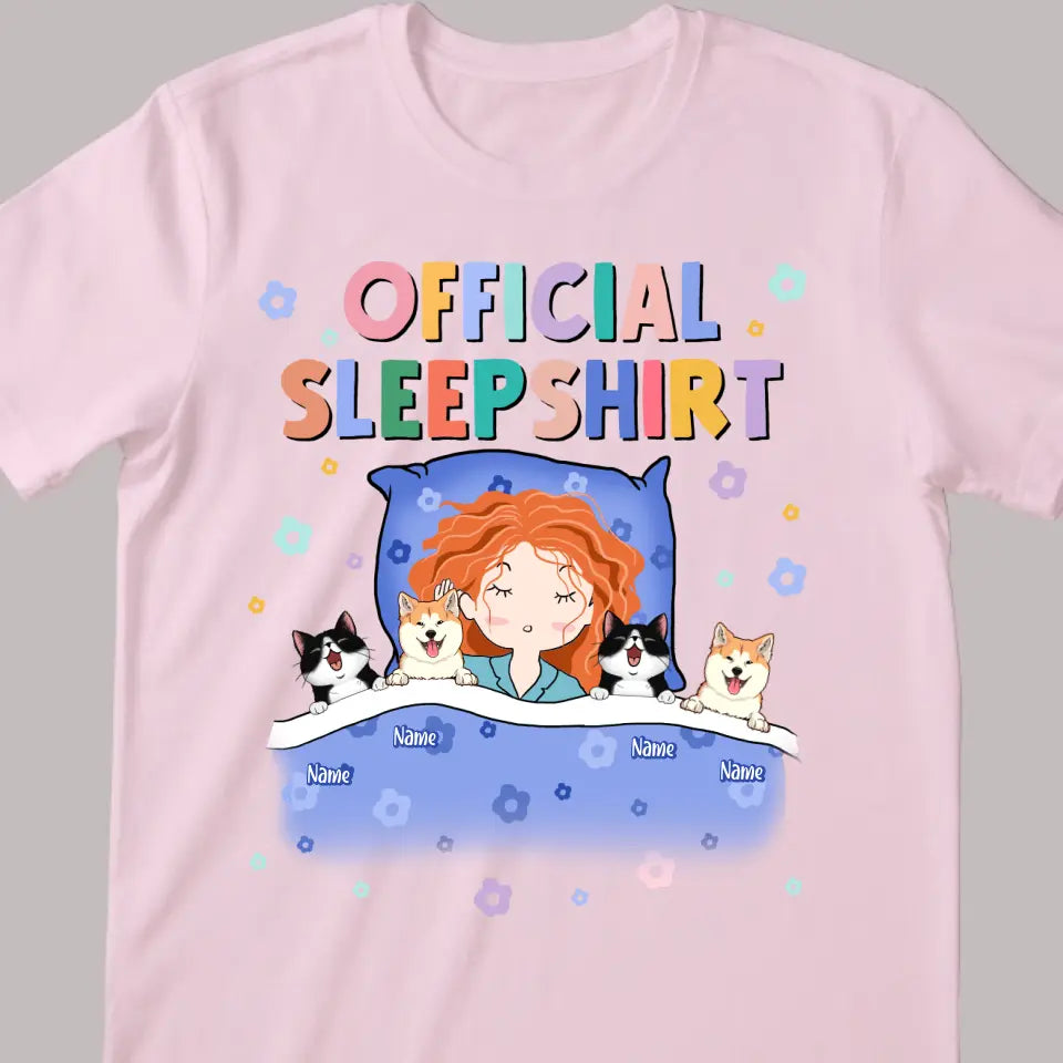 Official Sleep Shirt, Cute Girl With Her Pets, Dog & Cat Mom Gift, Personalized Pet Lover T-shirt