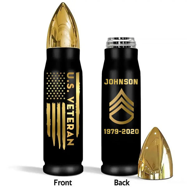 Personalized US Veteran Gold Rank Custom Name & Date Bullet Tumbler