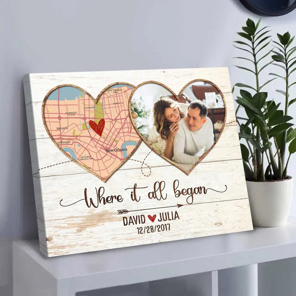 Where It All Began Map Gift, Custom Map Print with Photo, First Anniversary Gifts for Him, Personalized Map Location Canvas