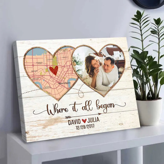 Where It All Began Map Gift, Custom Map Print with Photo, First Anniversary Gifts for Him, Personalized Map Location Canvas