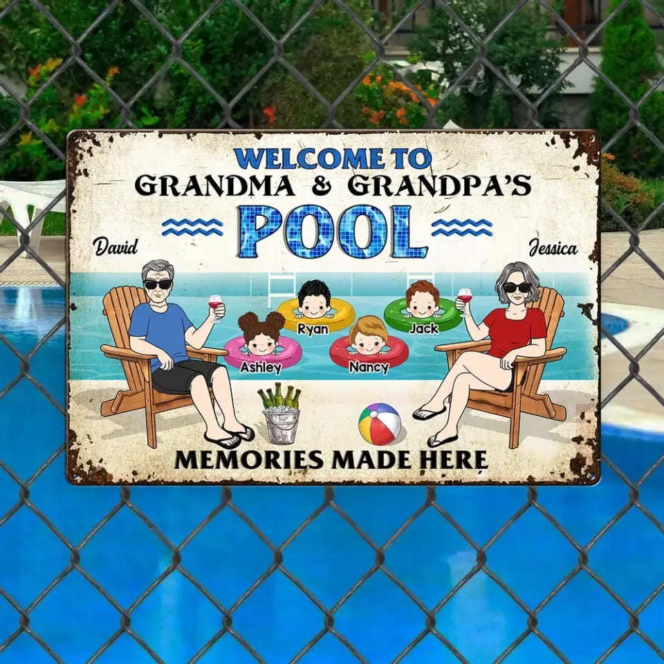 Welcome To Grandparents Pool Personalized Metal Sign, Housewarming Gift, Birthday Gift For Dad Mom Grandpa Grandma