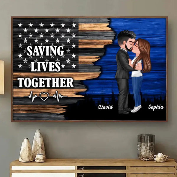 Hero Couple Kissing Half Flag Gifts by Occupation Firefighter, Nurse, Police Officer Personalized Horizontal Poster