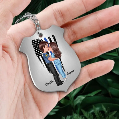 Be Safe I Need You Here With Me Couple Kissing Gift by Occupation Gift For Her Gift For Him Firefighter, Police Officer Personalized Metal Keychain