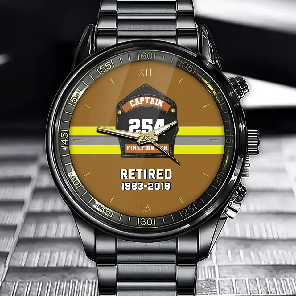 Custom US Firefighter Helmet Shields Badge Watch with Personalized Time & ID