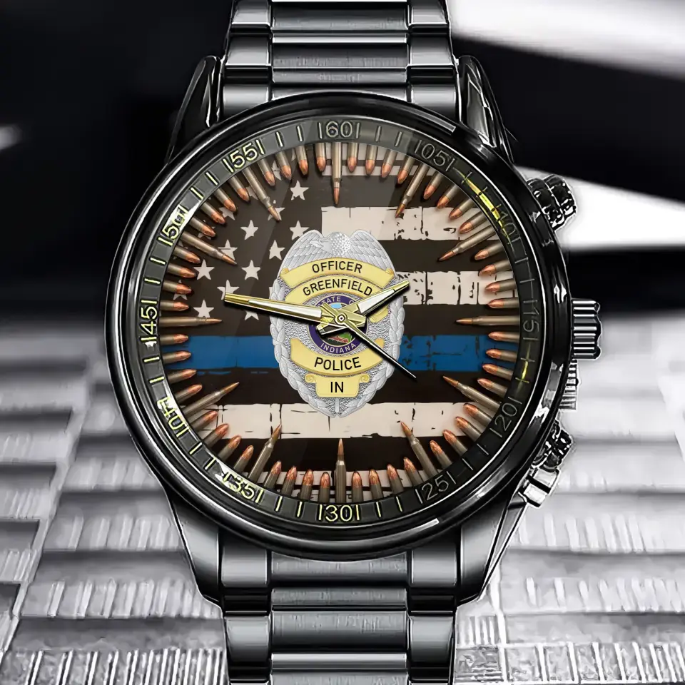 Custom Police Badge & Blueline Timepieces with Personalized Name & Department