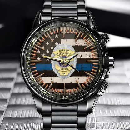 Custom Police Badge & Blueline Timepieces with Personalized Name & Department