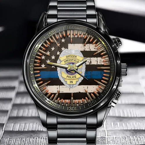 Custom Police Badge & Blueline Timepieces with Personalized Name & Department