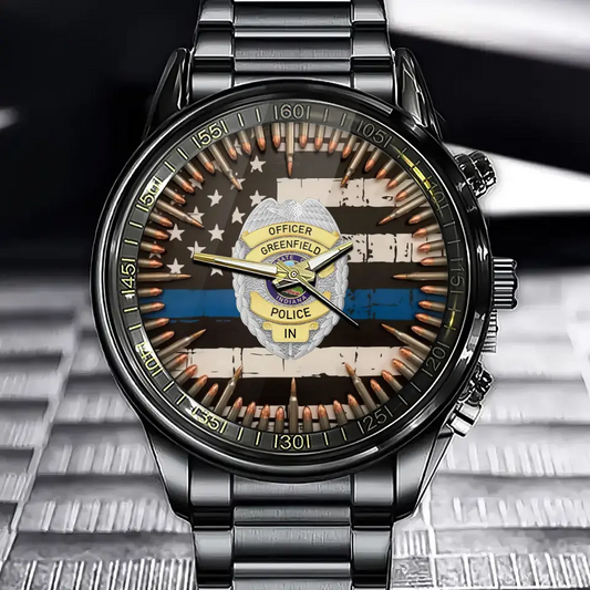 Custom Police Badge & Blueline Timepieces with Personalized Name & Department