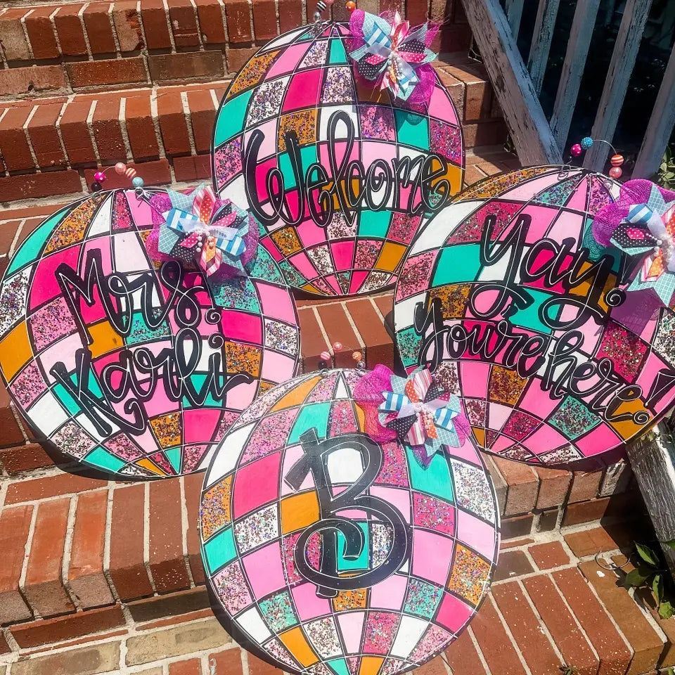 Personalized Wooden Door Sign with Disco Ball Design - Custom Initials Door Hanger