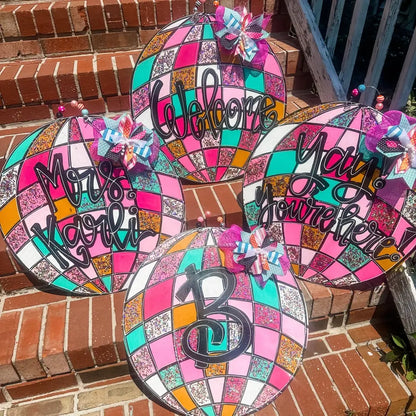 Personalized Wooden Door Sign with Disco Ball Design - Custom Initials Door Hanger