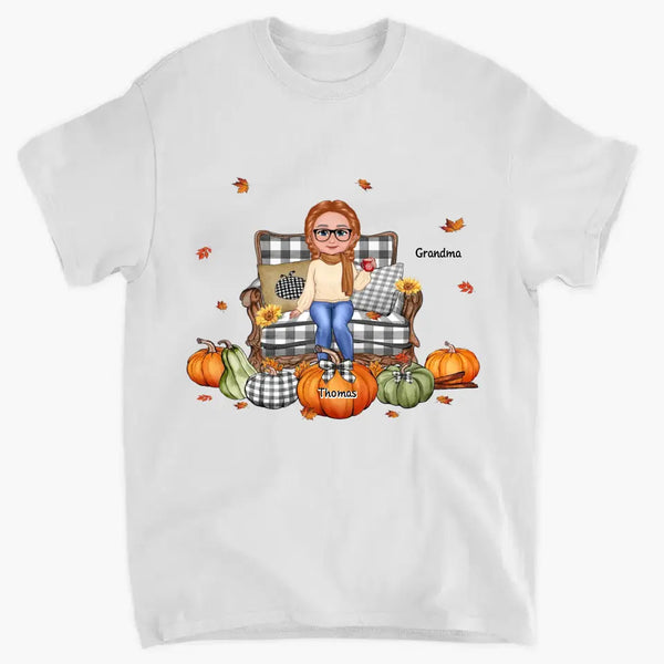 Grandma Sitting On Chair Pumpkins Personalized Shirt