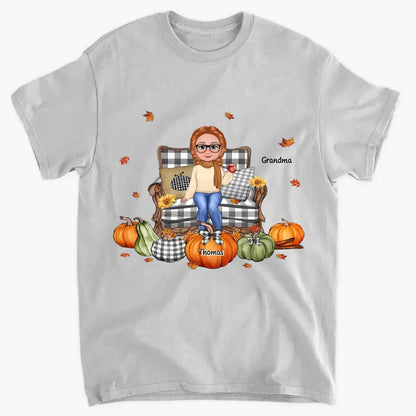 Grandma Sitting On Chair Pumpkins Personalized Shirt
