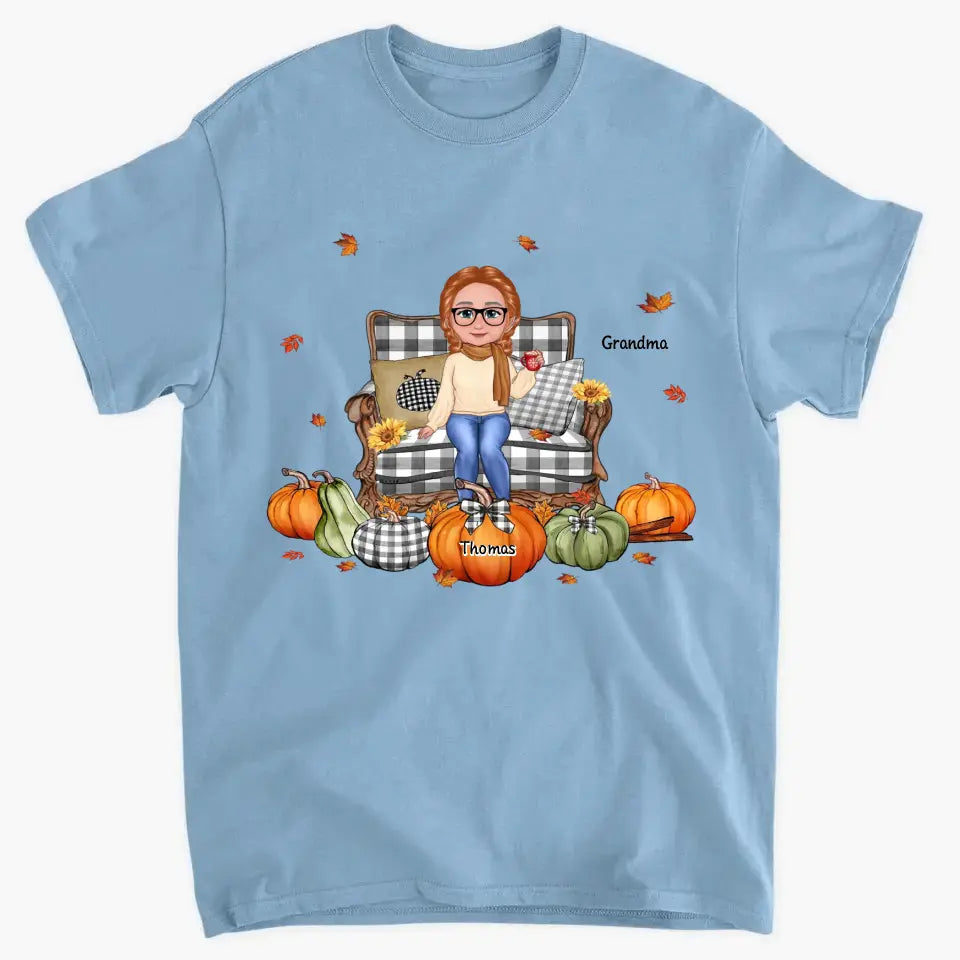 Grandma Sitting On Chair Pumpkins Personalized Shirt