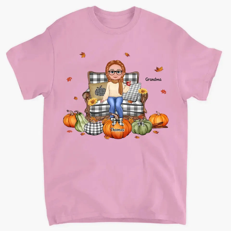 Grandma Sitting On Chair Pumpkins Personalized Shirt