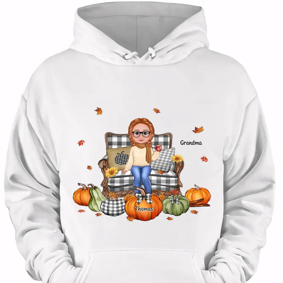 Grandma Sitting On Chair Pumpkins Personalized Shirt