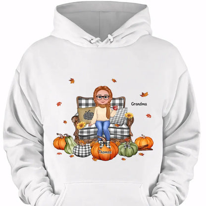 Grandma Sitting On Chair Pumpkins Personalized Shirt