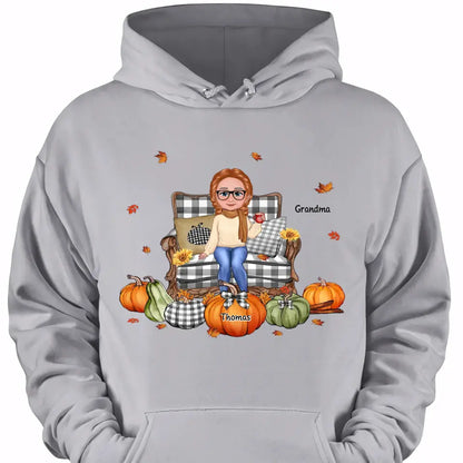 Grandma Sitting On Chair Pumpkins Personalized Shirt