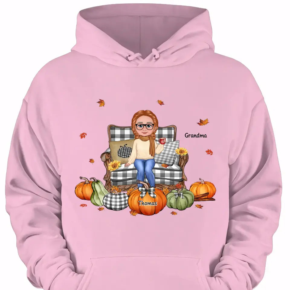 Grandma Sitting On Chair Pumpkins Personalized Shirt