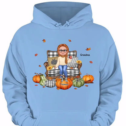 Grandma Sitting On Chair Pumpkins Personalized Shirt