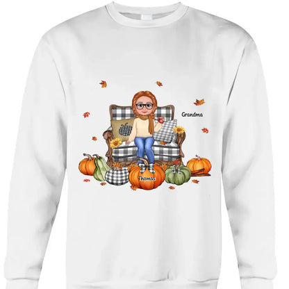 Grandma Sitting On Chair Pumpkins Personalized Shirt