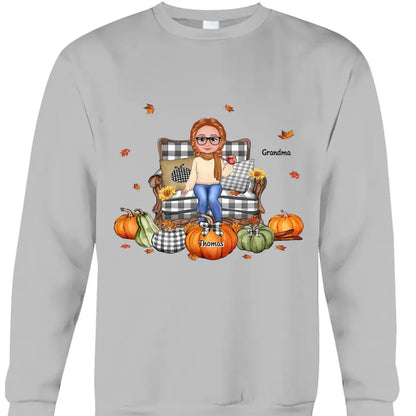 Grandma Sitting On Chair Pumpkins Personalized Shirt
