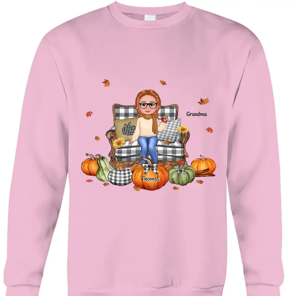 Grandma Sitting On Chair Pumpkins Personalized Shirt