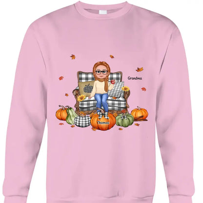 Grandma Sitting On Chair Pumpkins Personalized Shirt