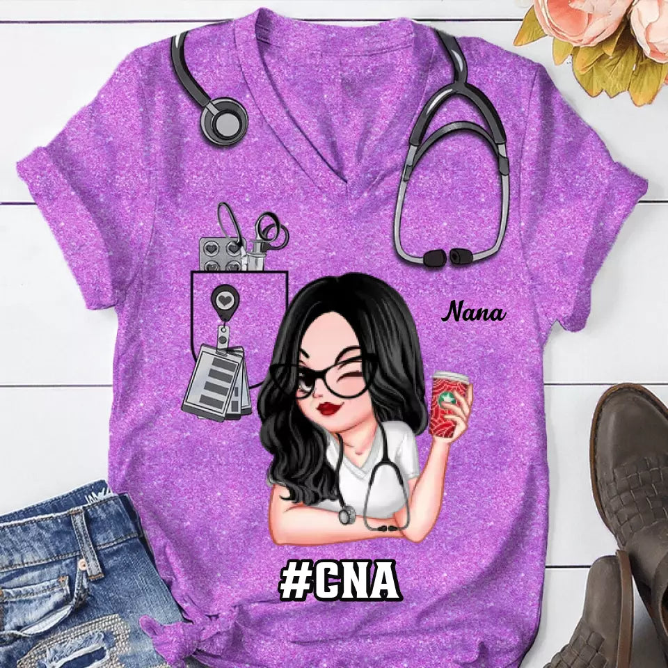 Pretty Doll Nurse Scrub CNA RN Healthcare Worker Personalized V-neck 3D T-shirt