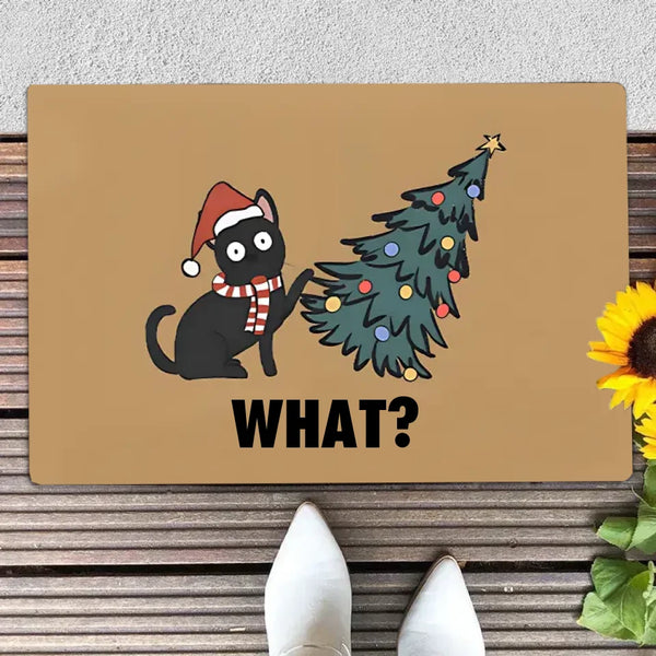 Santa Hat Kitten Plays Tricks with A Christmas Tree Interesting Design Doormat