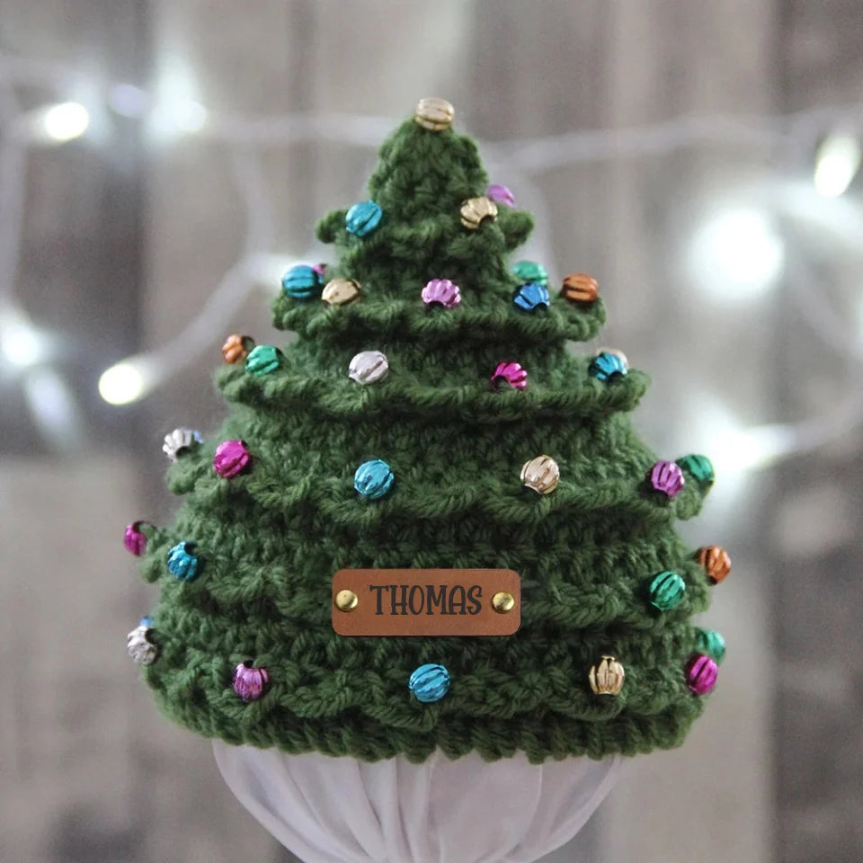 Personalized Leather Patch Christmas Tree Crochet Hat