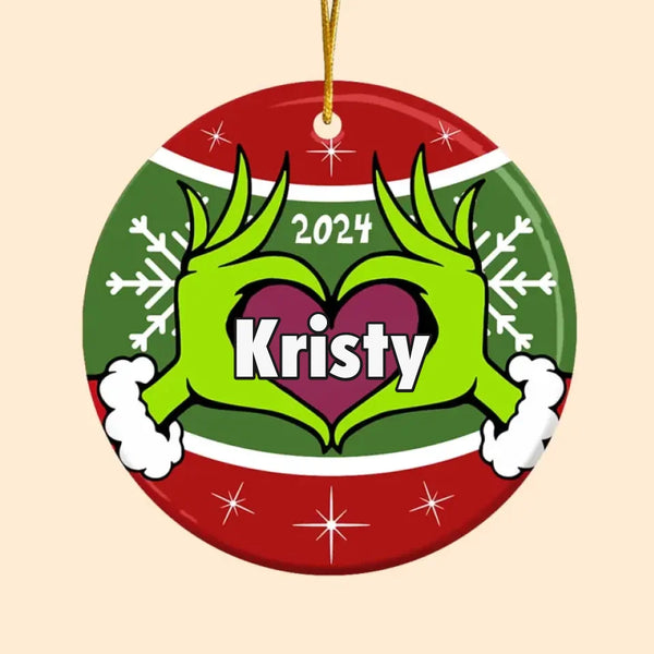 Personalized Green Monster Ceramic Ornament Heart Posture 2024 Christmas Tree Hanging Ornament Funny Holiday Gift for Family Friend Monster Fans