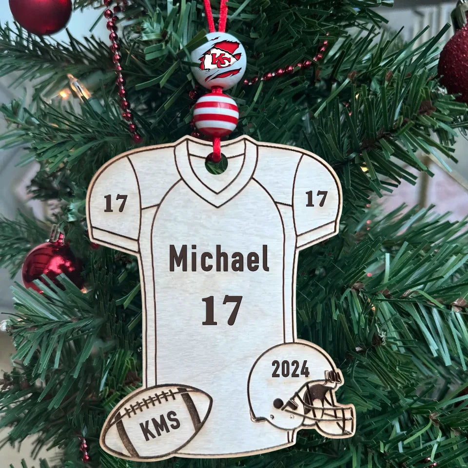 Wooden Engraved Custom Personalized Football Player Jersey 2024 Christmas tree Ornament Gift for Boys Coach Mom Senior Year