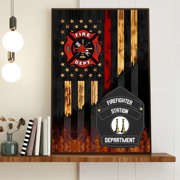 Personalized Poster Canvas For Firefighter Custom Logo And Helmet Shields Thin Red Line Fireman