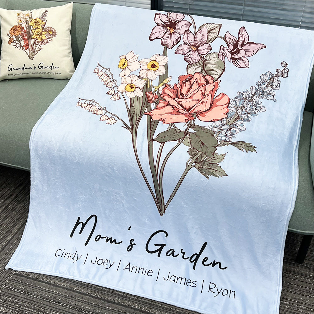 Personalized Grandma's Garden Birth Month Blanket – Custom Birth Flower Bouquet Blanket