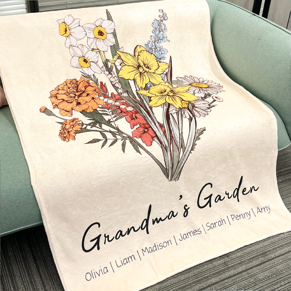 Personalized Grandma's Garden Birth Month Blanket – Custom Birth Flower Bouquet Blanket