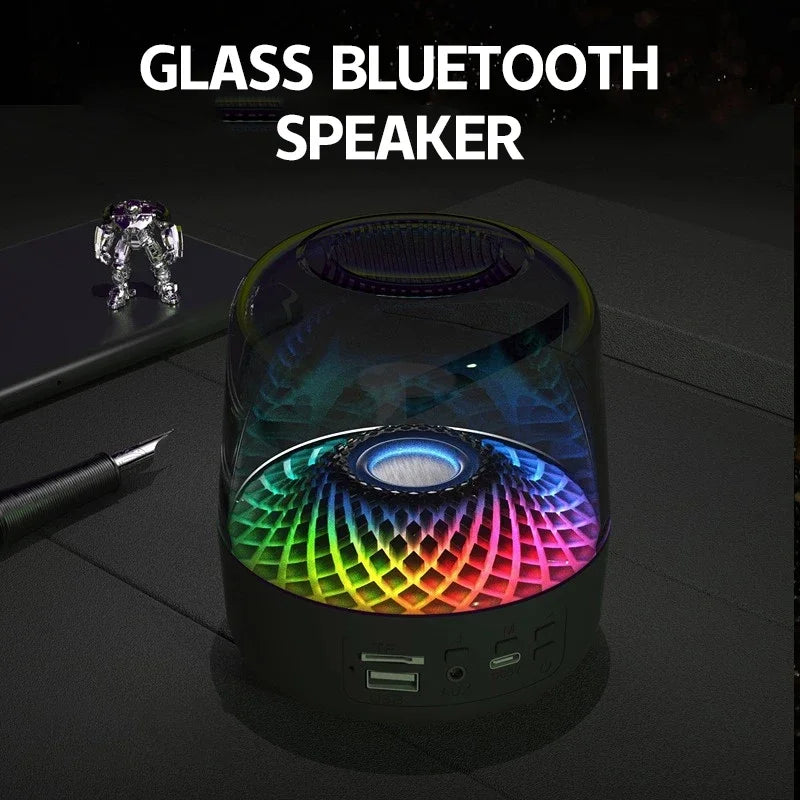 New  glazed Bluetooth speaker  heavy bass transparent glass  wireless speaker with TF Card FM AUX Audio LED Light