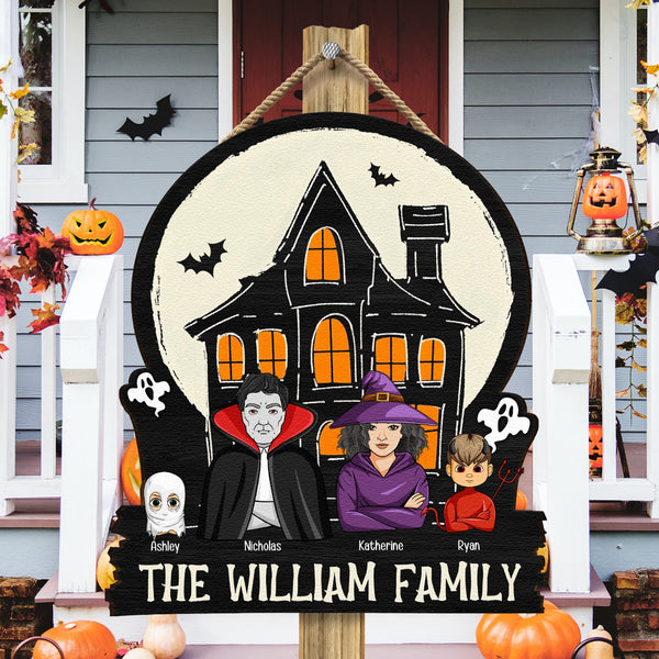 Monster Family In Halloween Haunted Home - Personalized Wood Sign