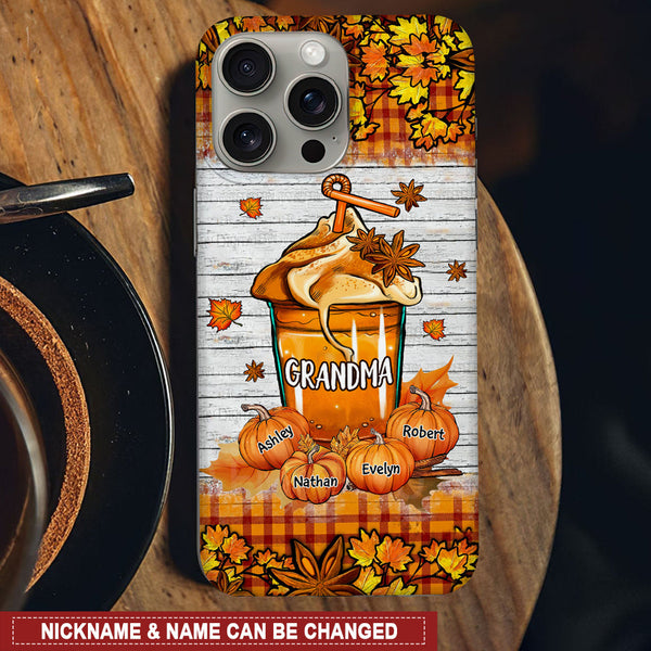 Grandma Mom Pumpkin Spice Latte Fall Season - Cross Leaves Pattern Personalized Phone Case NTK14AUG24NY2