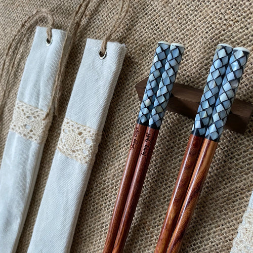 Personalized Mother-of-Pearl Tipped Engraved Chopsticks with Sleeve - Ideal for Wedding Favors and Couple Love Gifts