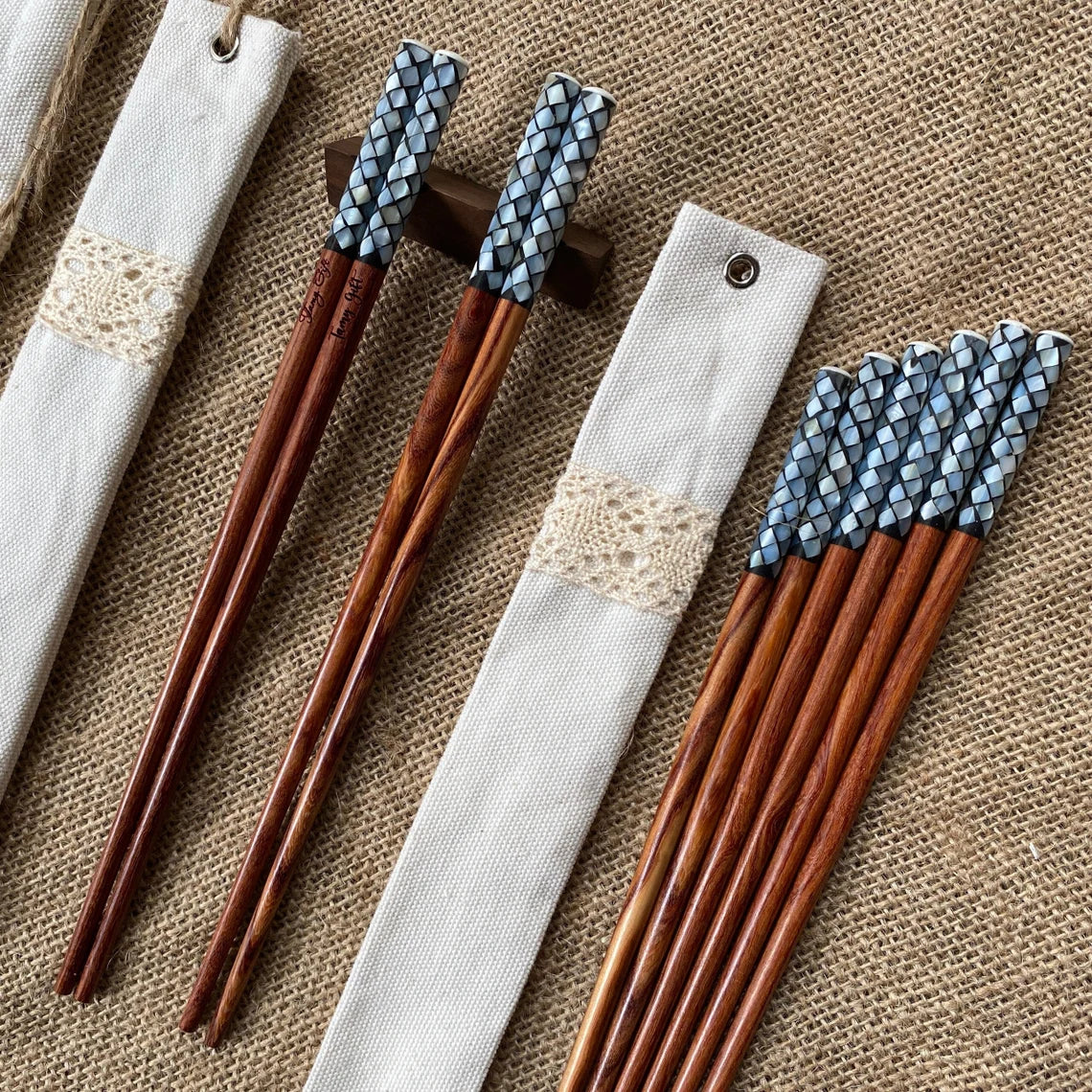 Personalized Mother-of-Pearl Tipped Engraved Chopsticks with Sleeve - Ideal for Wedding Favors and Couple Love Gifts