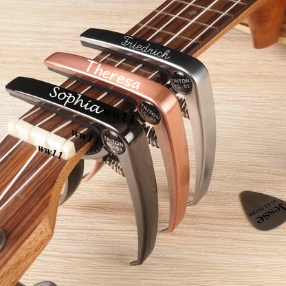 Personalized Metal Guitar Capo, Guitar Pick, Custom Message, Valentines Gift, Birthday Gift, Christmas Gift for Guitarists, Musician Gift