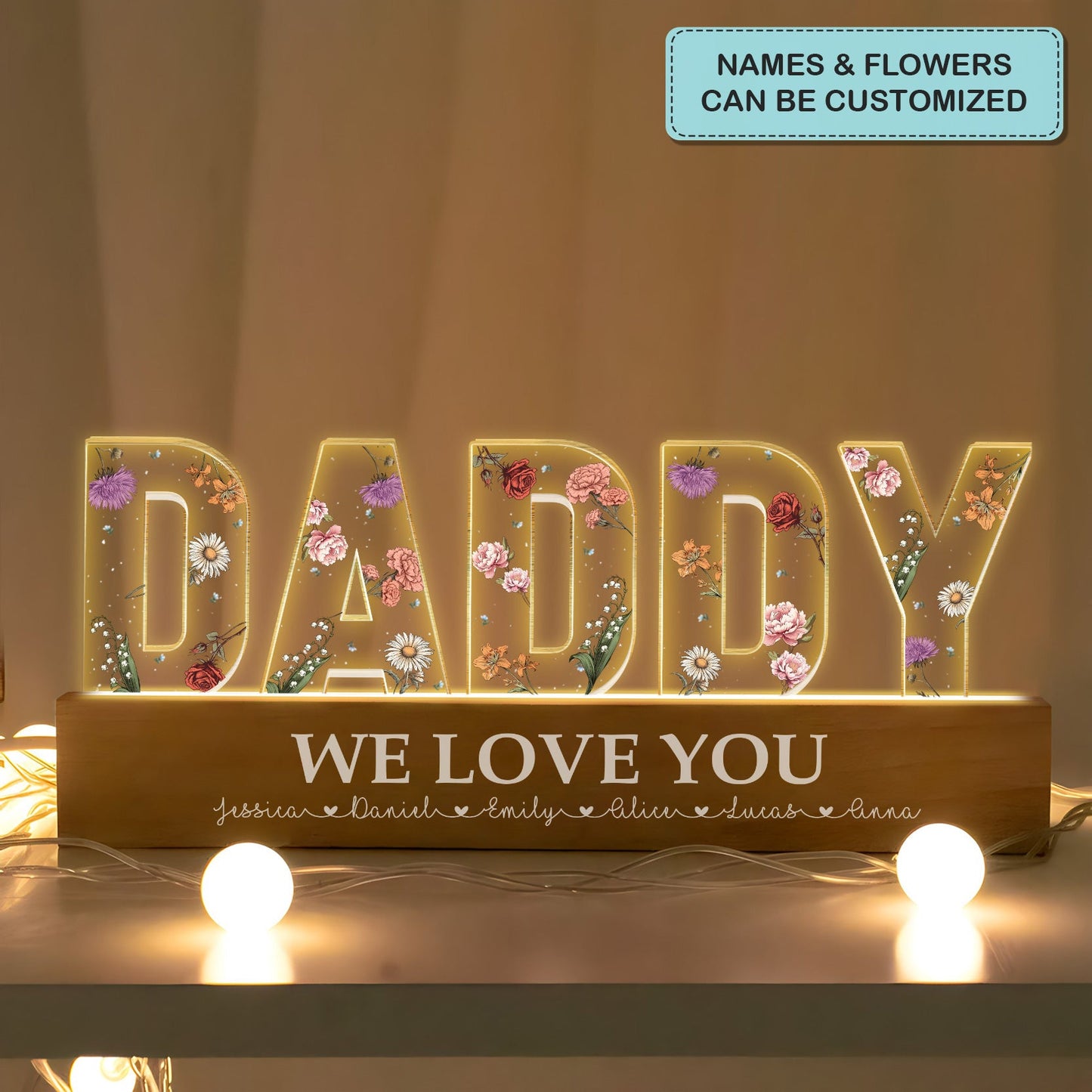 Daddy Custom Birth Month Flower - Personalized Custom Name Night Light - Gift For Dad, Grandpa