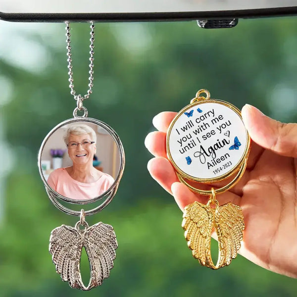 I Will Carry You With Me, Personalized Angel Wings Keychain, Car Hanger, Custom Photo