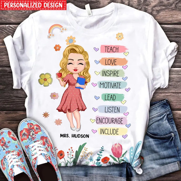 Lehrer-Blumen-Regenbogen-personalisiertes 3D-T-Shirt, Lehrer-Anerkennung, Dankeschön-Geschenk